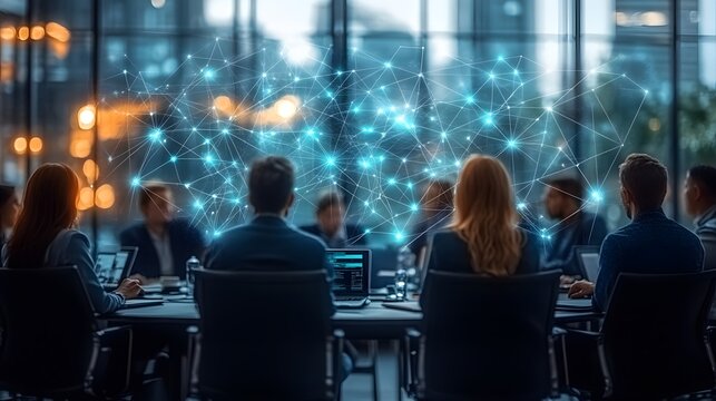 Focused business meeting at a roundtable, abstract network background blurred, highlighting cooperative efforts.
