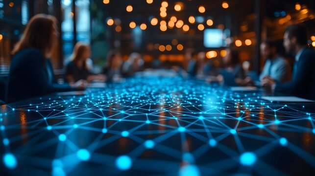 Corporate professionals in a roundtable discussion, with a network-themed background subtly blurred, emphasizing strategic collaboration.