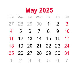 Monthly calendar of May 2025 on transparent background