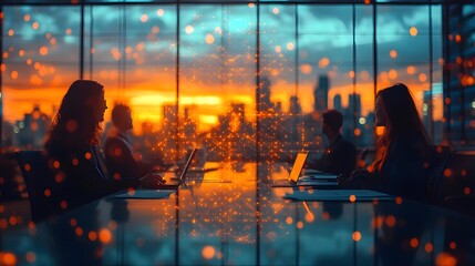 Focused discussion among business professionals at a roundtable, with an abstract blurred network background, showcasing teamwork.