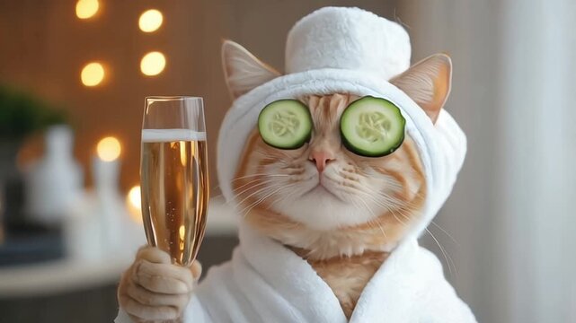Cat relaxing in spa with cucumber slices on eyes holding a glass of champagne. Cute cat in a bathrobe and turban on spa treatments after bath. Pet grooming, domestic pets treatment 