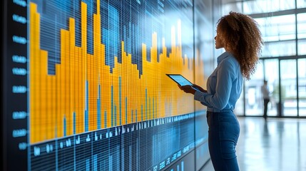 Presenters sharing benchmarking data insights, standing before a sharp abstract stock graph background, symbolizing financial analysis.