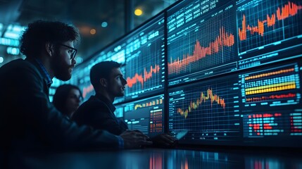 Team of analysts displaying benchmarking data, with a sophisticated abstract stock graph backdrop in high resolution, emphasizing market analysis.