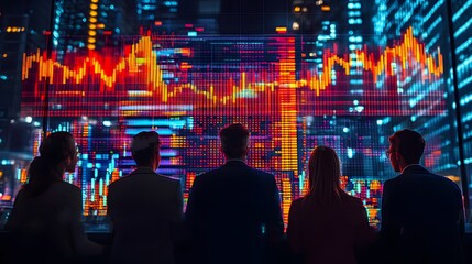 Analyst group discussing benchmarking trends, with a high-resolution abstract stock graph backdrop, highlighting performance metrics.
