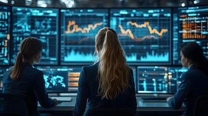Team of analysts interpreting benchmarking data, with a high-resolution abstract stock graph backdrop, representing performance analysis.