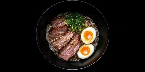 Savory Symphony in Black: Japanese Ramen with Grilled Pork and Soft-Boiled Eggs Presented in a Stylish Black Bowl