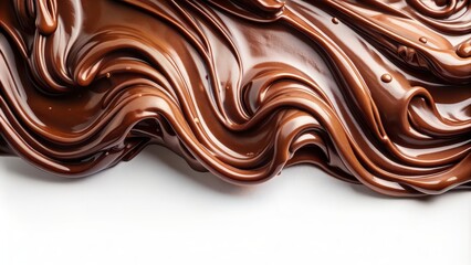 Melted dark chocolate creating a luxurious and decadent texture on a white background, liquid, smooth, dark chocolate