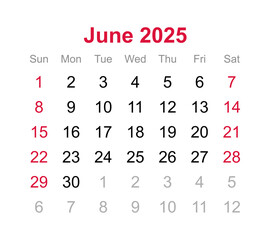 Monthly calendar of June 2025 on transparent background