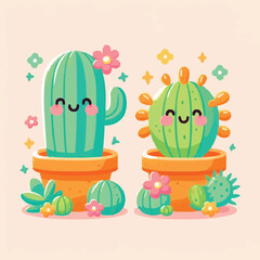 Seamless pattern with cactuses and pink flowers. Cute vector flat background