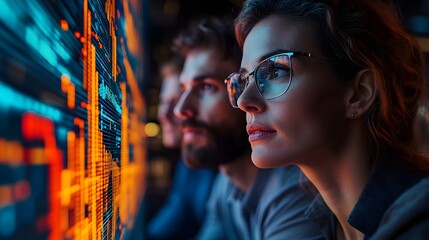 Group of data analysts discussing benchmarking data, with a high-resolution abstract stock graph backdrop, highlighting financial trends.