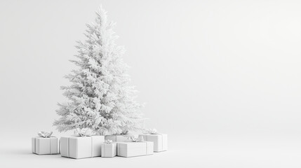 White christmas tree on white background. Cute white christmas decor in minimalistic design