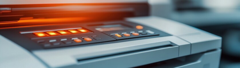 Obraz premium Close-up of a modern printer control panel with glowing buttons and features, showcasing advanced technology in office equipment.