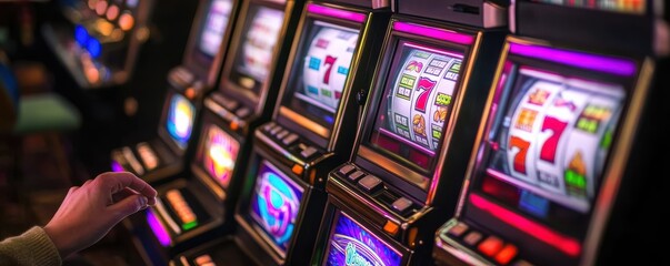 Close-up of slot machines in a casino with vibrant lights and colorful displays, capturing the excitement of gaming.