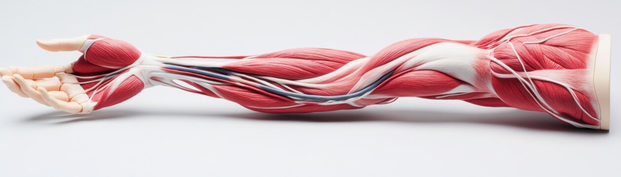 Detailed anatomical model of human arm muscles showcasing intricate structure and features for educational purposes.