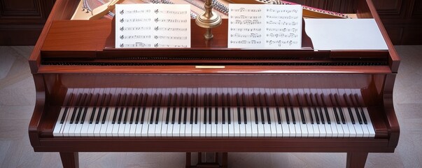 Fototapeta premium Elegant wooden piano with sheet music, set in a serene interior, perfect for music themes and artistic endeavors.