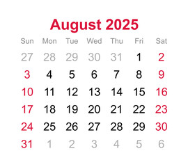 Monthly calendar of August 2025 on transparent background