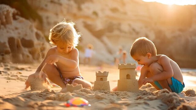 Golden Hour Sandcastle Architects: Two young brothers, illuminated by the warm glow of sunset, meticulously craft a sandcastle kingdom on a picturesque beach. 