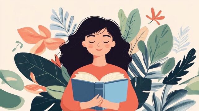 A young woman joyfully reads amidst a pile of colorful books, celebrating her love for literature on National Book Lovers Day.