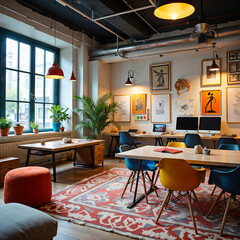 Creative coworking space with colorful chairs artwork and indoor plants