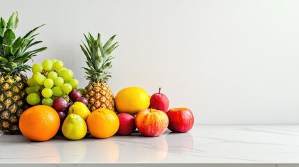 Top view of a kitchen island with fresh fruits, copy space available