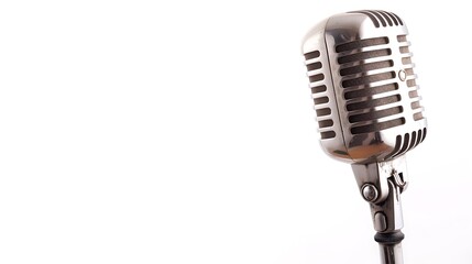 A vintage microphone with a stand and mesh grille, isolated on a white background.