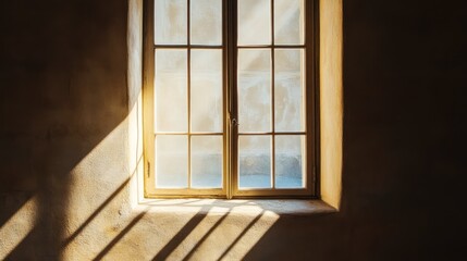 Fototapeta premium Top view of a sunlit window with soft shadows, empty space around for captions or text