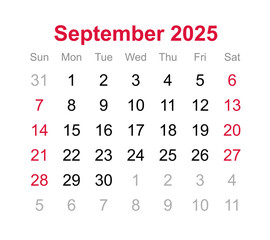 Monthly calendar of September 2025 on transparent background