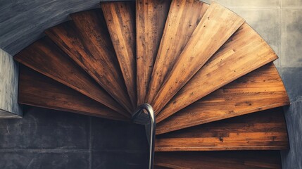 Wooden stairs with metal accents, top view, open area for copy space