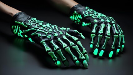 Glow-in-the-dark skeleton gloves with vivid green bones glowing against a dark background. Perfect for Halloween or spooky-themed events, adding a creepy touch to any outfit.