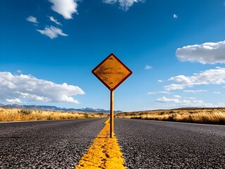 A classic road sign with an American flag backdrop, desert road stretching into the horizon, Minimalist, Realism, High contrast