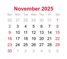 Monthly calendar of November 2025 on transparent background