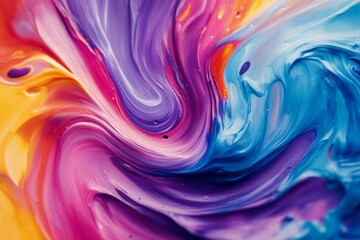 Vivid abstract painting with swirling shades of purple, blue, and yellow, creating a vibrant blend of colors and textures.