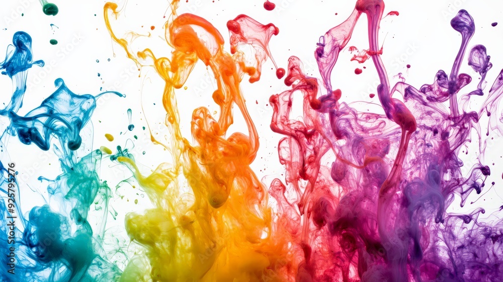 Poster vibrant rainbow-colored ink splashes create a dynamic abstract design on a white background. perfect