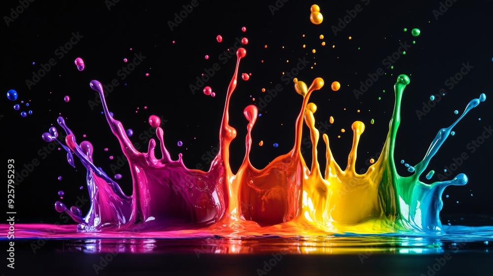 Poster vibrant paint splashes in a rainbow of colors against a black background, creating an abstract and c