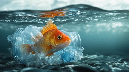Fish trapped in a plastic bottle floating in polluted water, marine pollution impact