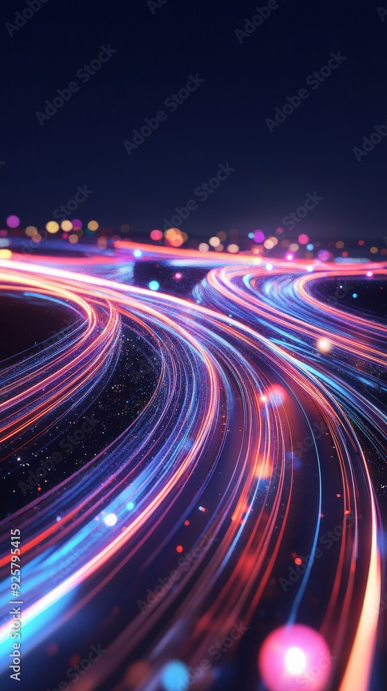 Poster vibrant light trails in dynamic motion at night, creating an abstract futuristic cityscape with colo