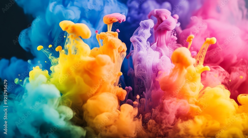 Poster vibrant explosion of colorful ink swirling underwater, creating a mesmerizing abstract design with a