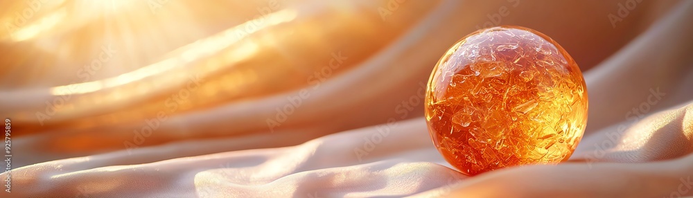 Poster a shimmering amber sphere resting on soft fabric, illuminated by warm sunlight, creating an inviting