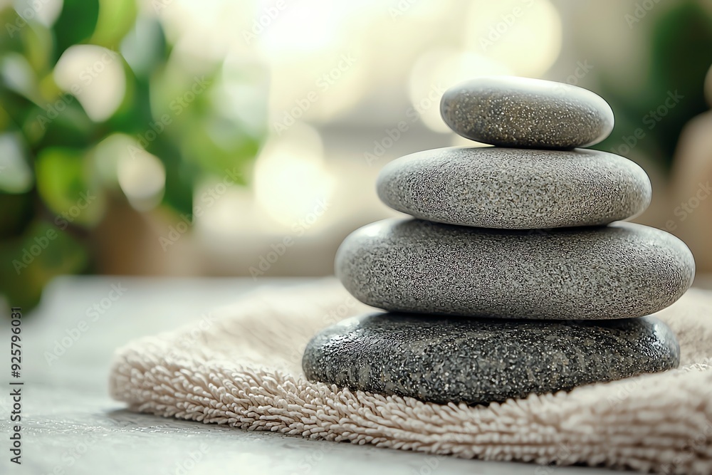 Aufkleber a stack of smooth stones on a soft towel, creating a tranquil and serene atmosphere for relaxation o