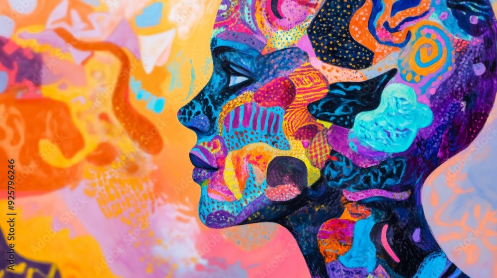 Aufkleber vibrant abstract portrait with colorful patterns and fluid shapes, reflecting creativity and diverse
