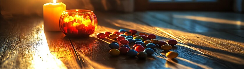 A warm, inviting scene featuring a glowing candle, colorful candies, and soft wooden textures, perfect for cozy moments.