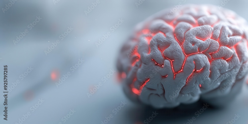 Poster 3d brain with glowing signals, awareness nodes illuminated, and complex encoding structures, small t