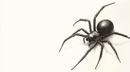 A sepia-toned engraving of a black widow spider, with delicate shading on the legs and the iconic hourglass marking, isolated on a white background