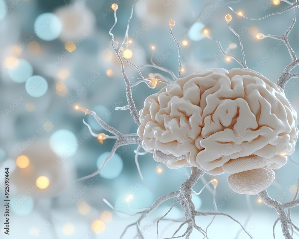 Poster 3d brain model with firing neurons, perception pathways illuminated, storage cells in focus, copy sp