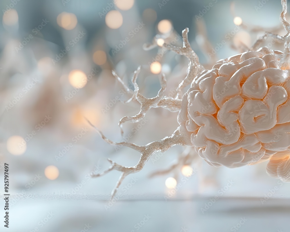 Poster 3d brain model with firing neurons, perception pathways illuminated, storage cells highlighted, ampl
