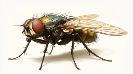 A vintage scientific illustration of a housefly, with fine details on its wings and compound eyes, isolated on a white background