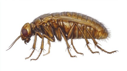 An old-fashioned illustration of a flea, highlighting the textured exoskeleton and long legs, isolated on a white background
