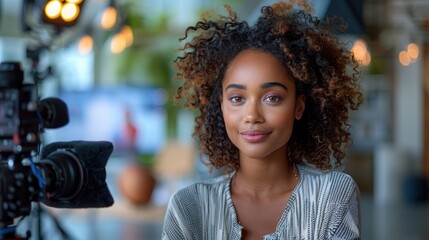 Obraz premium Capturing a confident woman with beautiful curls in a modern studio, ready for a creative interview in soft light. Generative AI