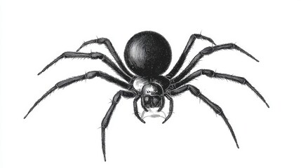 Obraz premium A vintage engraving of a black widow spider, with subtle shading on the legs and the iconic hourglass symbol, isolated on a white background