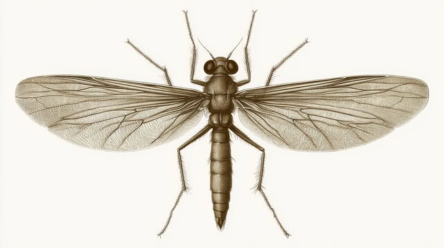 A classic engraving of a sandfly, with detailed wings and elongated body, rendered in sepia tones, isolated on a white background